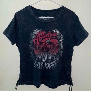 Affliction distressed side-laced Live Fast black red silver grey wing graphic L